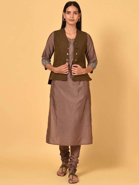 nuhh brown kurta with churidar & jacket