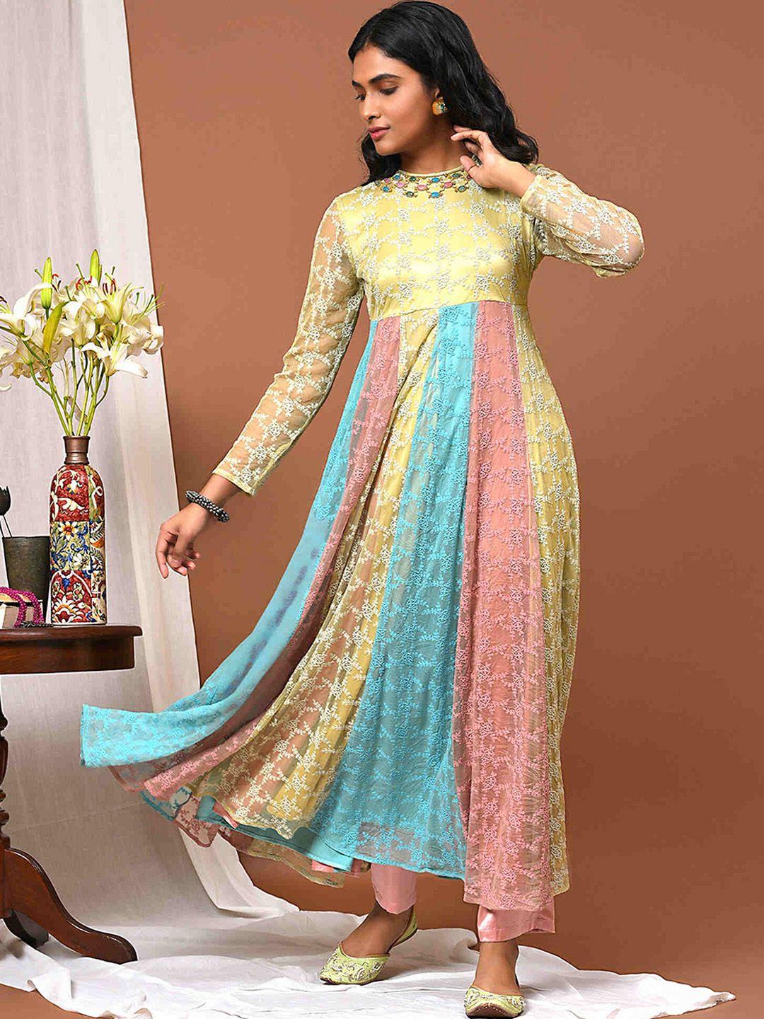 nuhh colourblocked thread work anarkali kurta with trousers