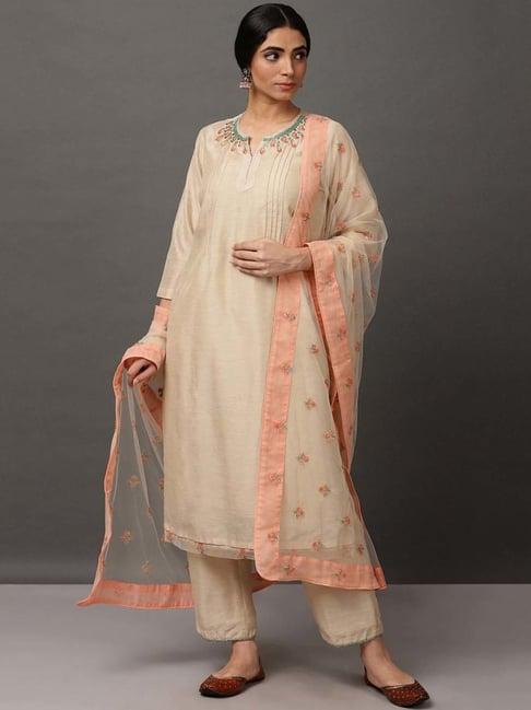 nuhh ecru chanderi kurta set with dupatta