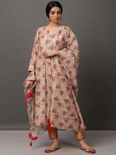 nuhh ecru ditsy print chanderi kurta & dupatta with pant