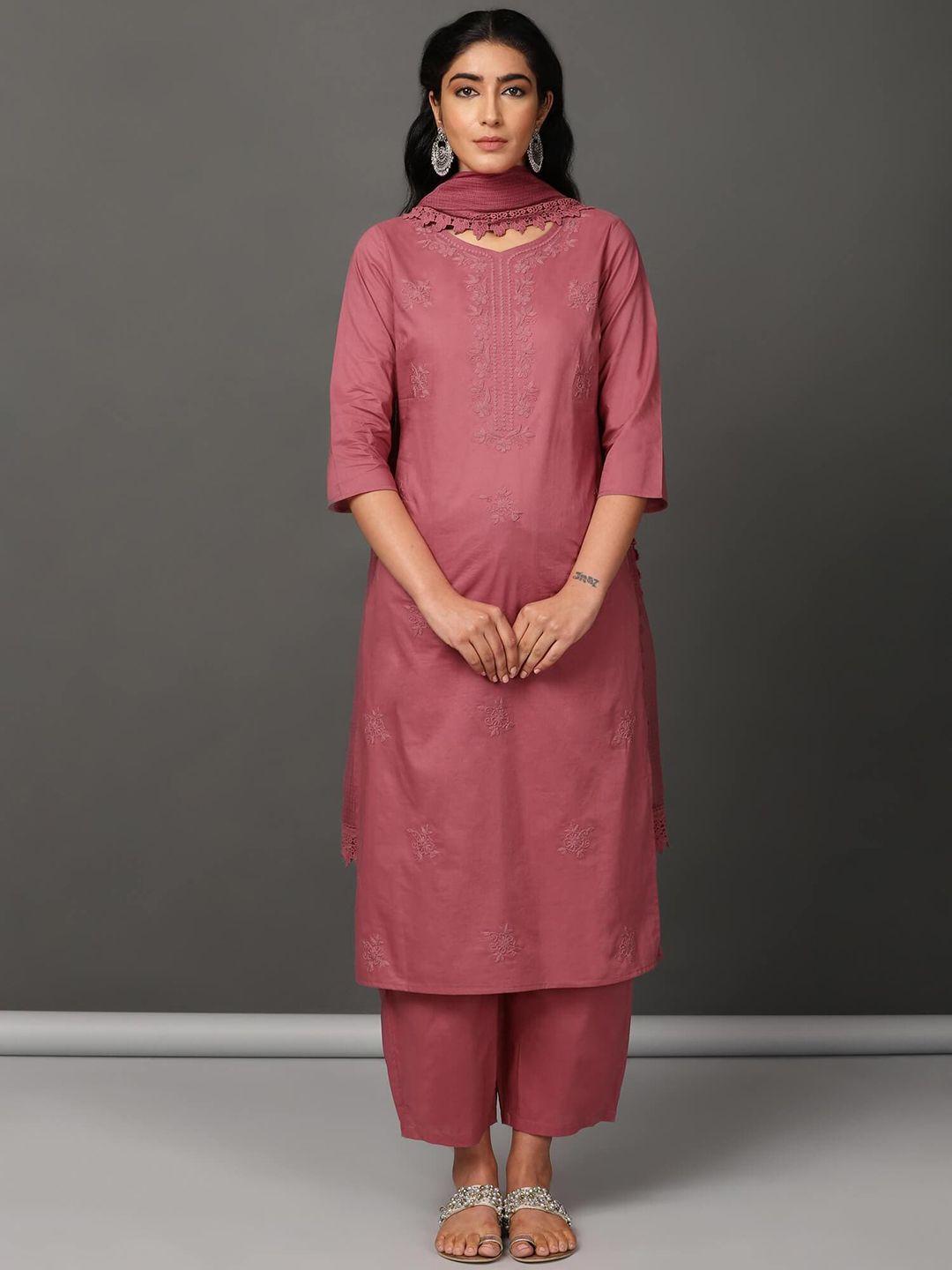 nuhh embroidered pure cotton regular kurta & palazzos with dupatta