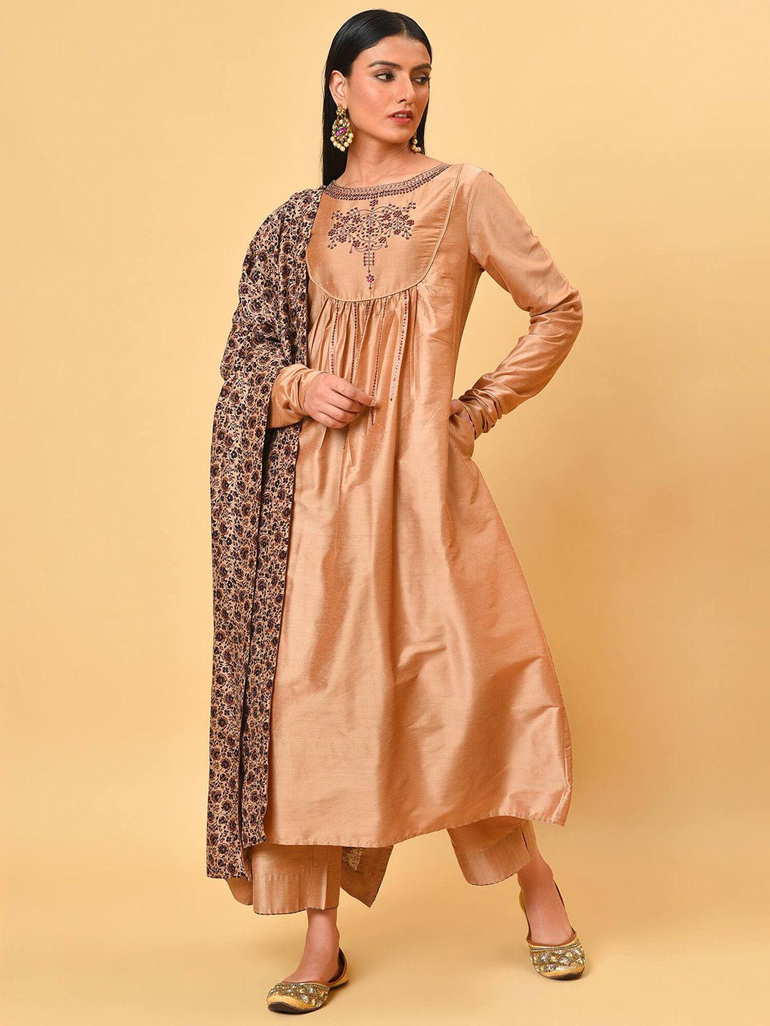 nuhh ethnic motifs embroidered regular thread work kurta & trousers with dupatta