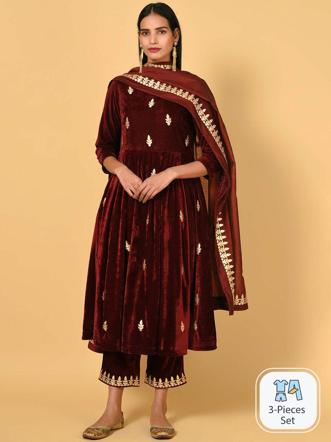 nuhh ethnic motifs embroidered thread work velvet kurta with trousers & dupatta