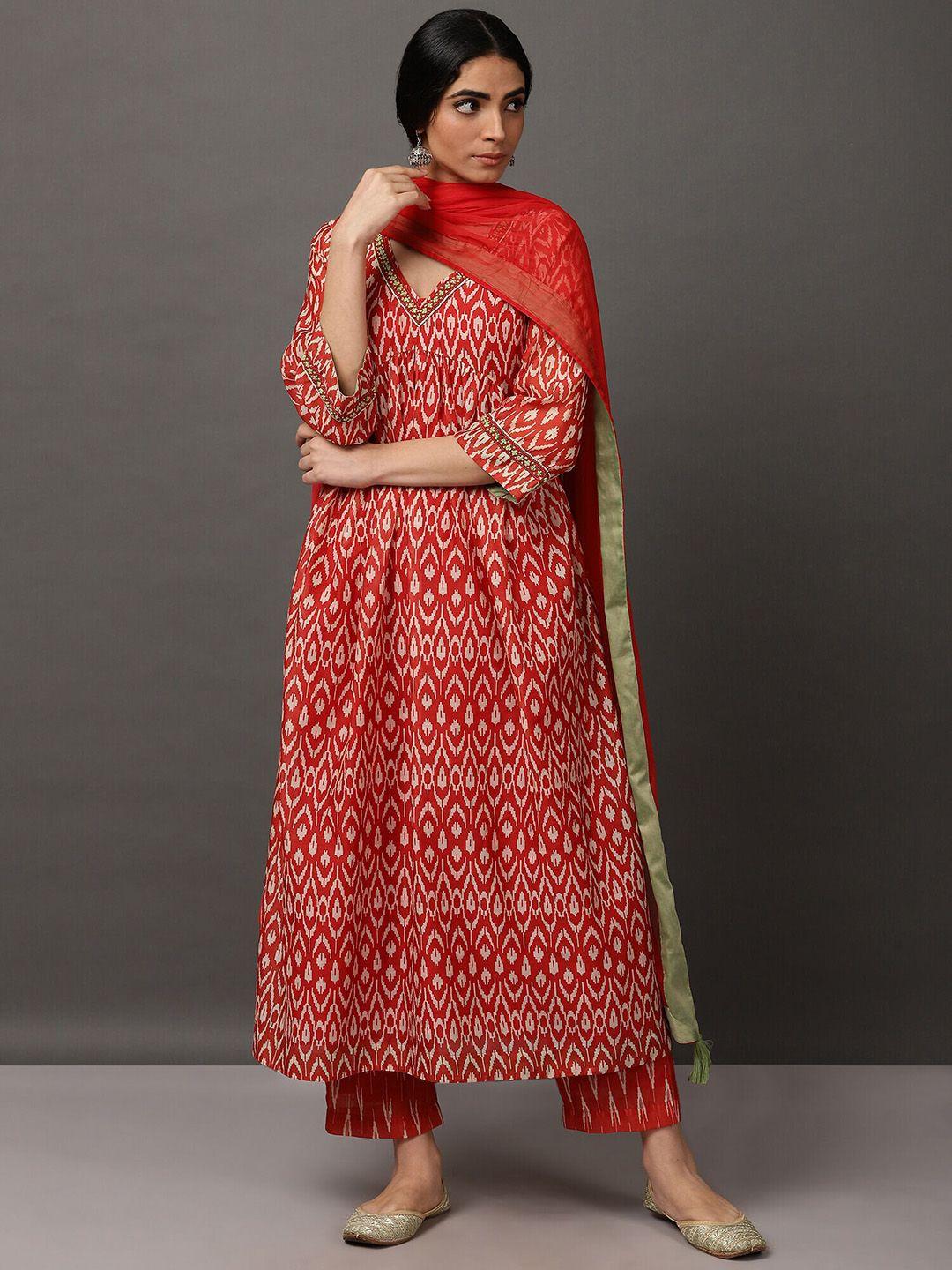 nuhh ethnic motifs printed regular chanderi cotton kurta & trousers with dupatta