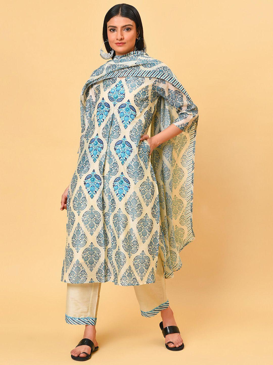 nuhh ethnic motifs printed regular chanderi cotton kurta & trousers with dupatta