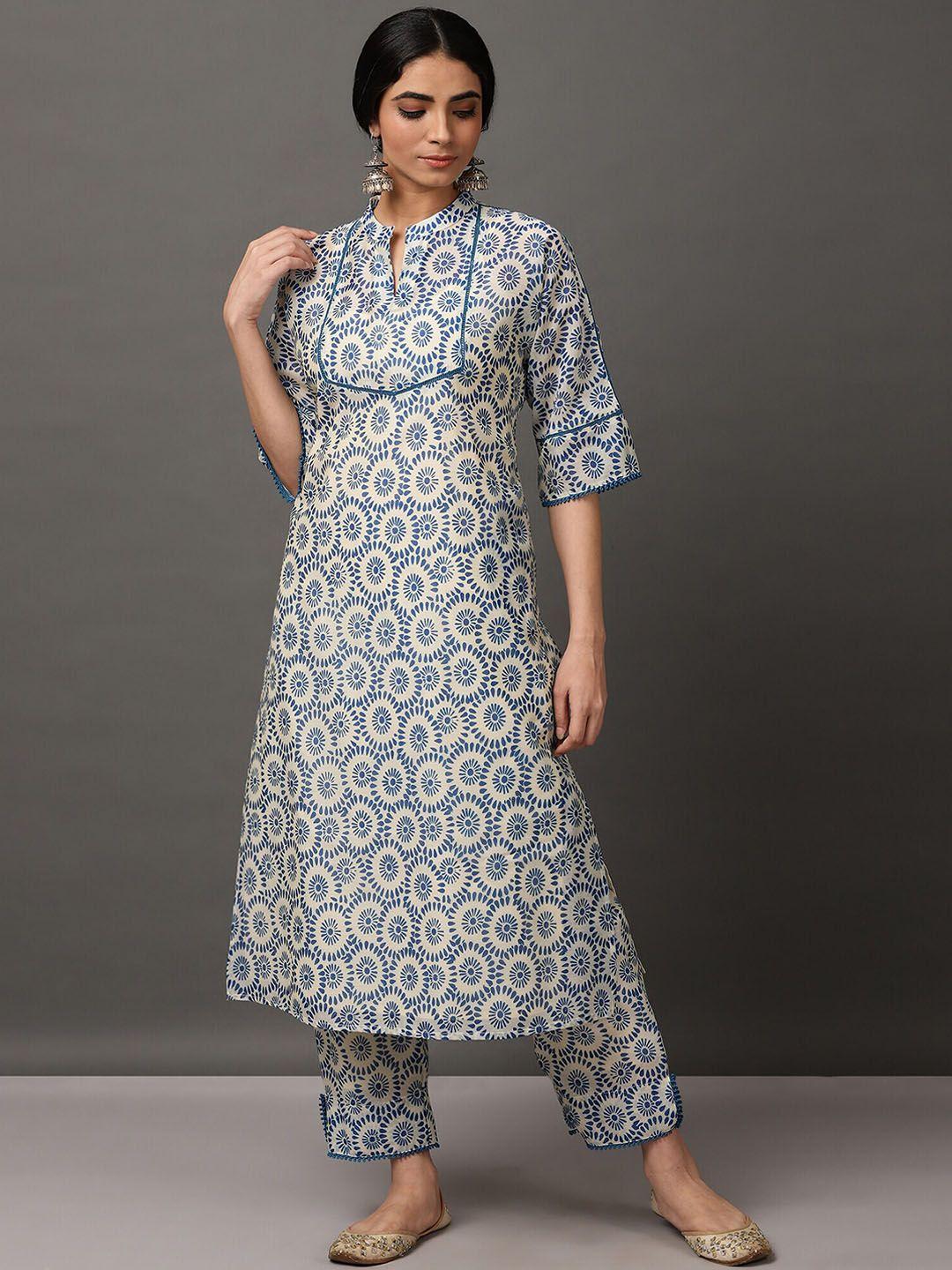 nuhh ethnic motifs printed regular chanderi cotton kurta with trousers