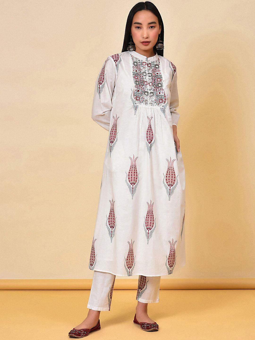 nuhh ethnic motifs printed thread work pure cotton kurta with trousers