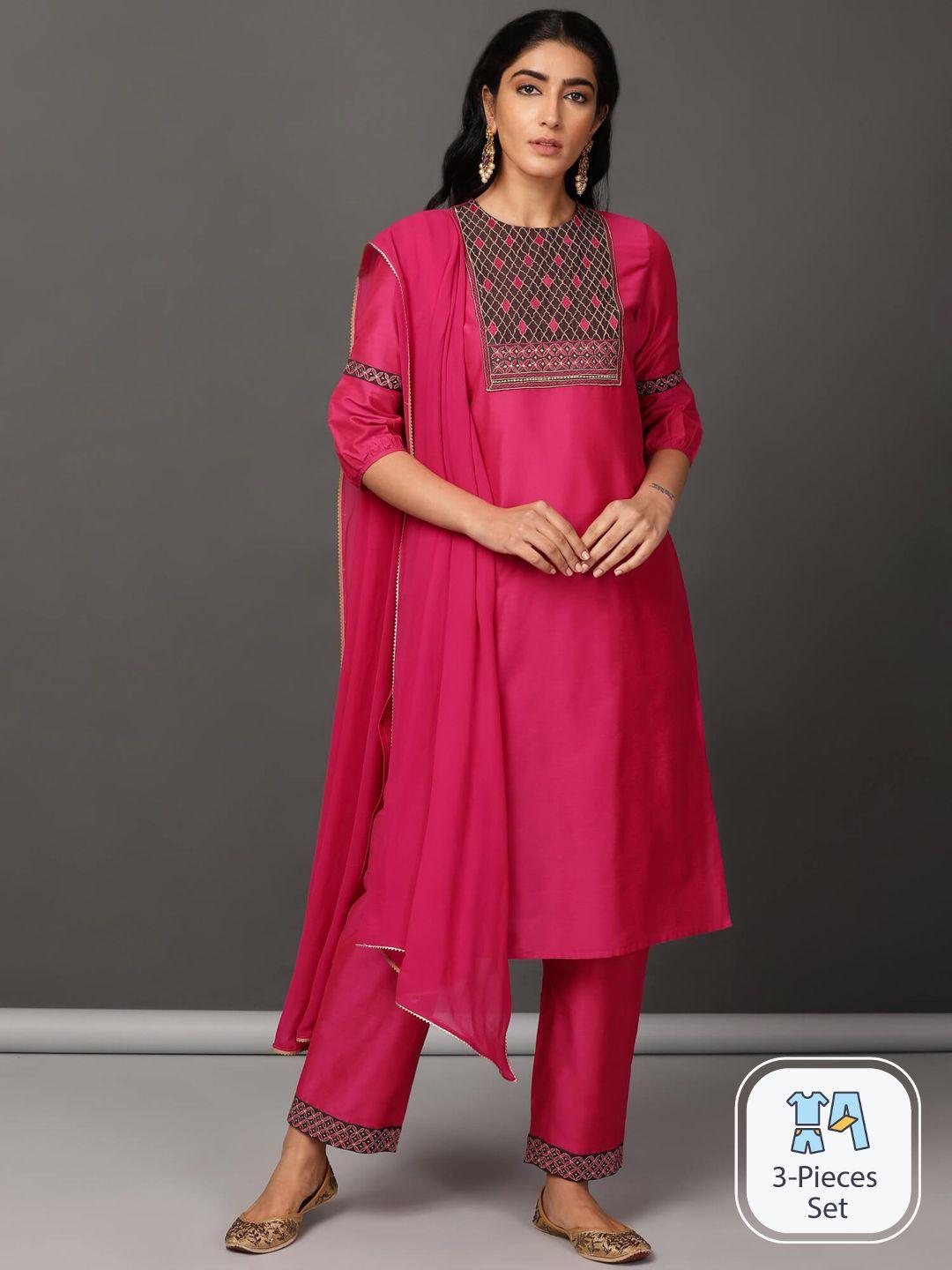 nuhh ethnic motifs yoke design regular kurta with trousers & with dupatta