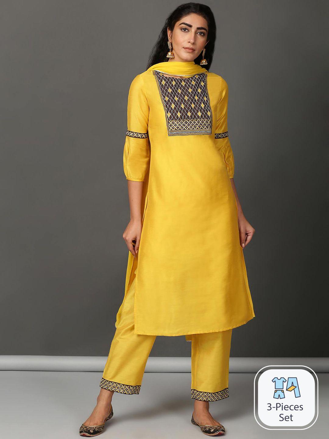 nuhh ethnic motifs yoke design regular kurta with trousers & with dupatta