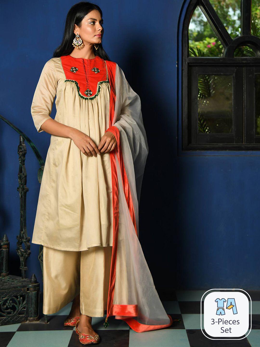 nuhh floral embroidered beads and stones anarkali kurta with palazzos & dupatta & slip