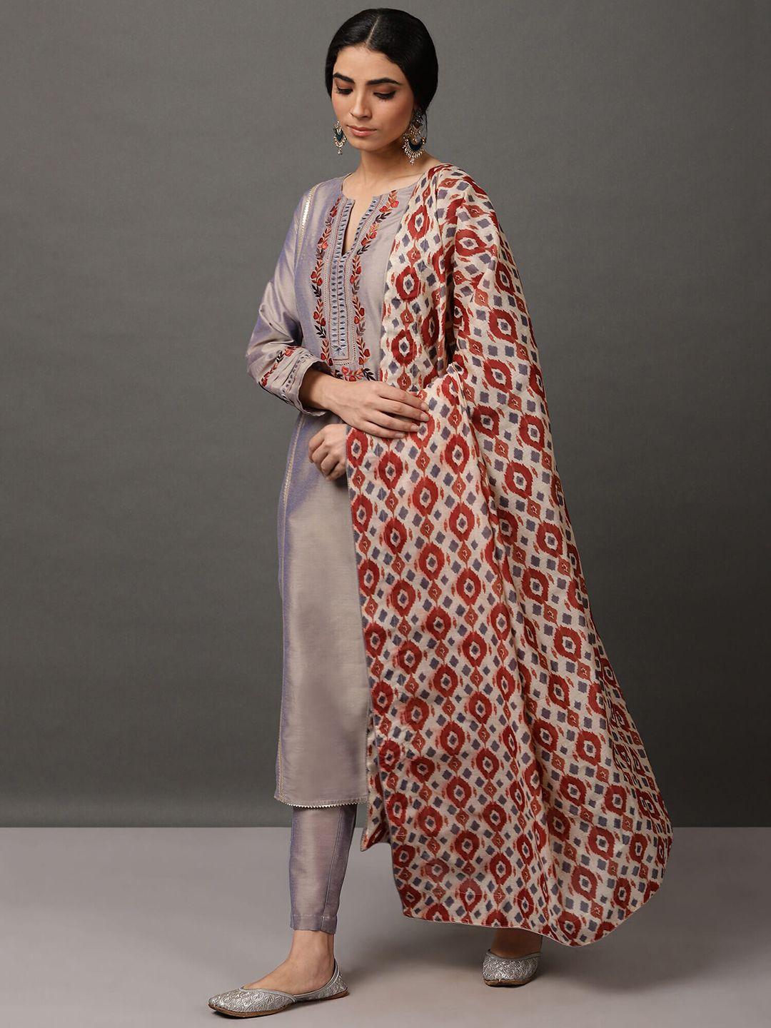 nuhh floral embroidered regular kurta & trousers with dupatta
