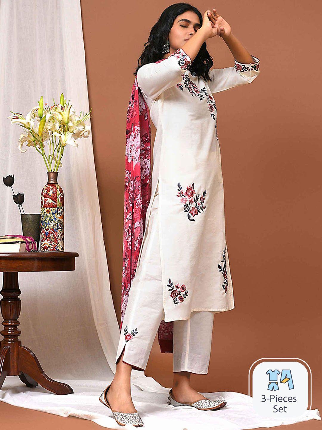 nuhh floral embroidered regular thread work kurta with trousers & dupatta