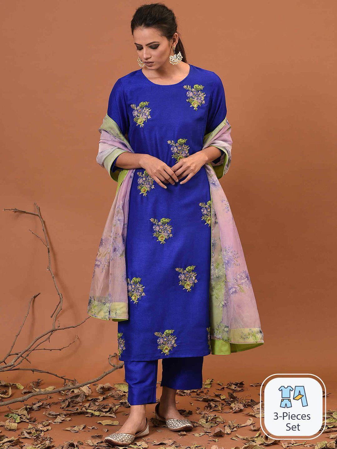 nuhh floral embroidered thread work kurta with trousers & dupatta