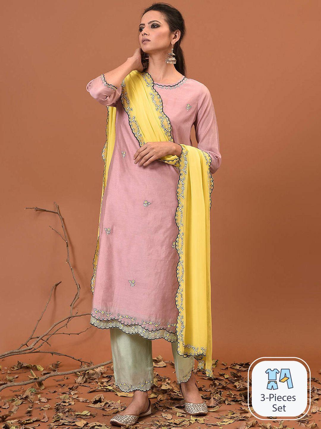 nuhh floral embroidered thread work kurta with trousers & dupatta