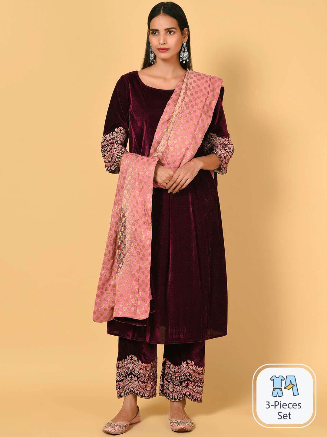 nuhh floral embroidered thread work velvet kurta with palazzos & dupatta