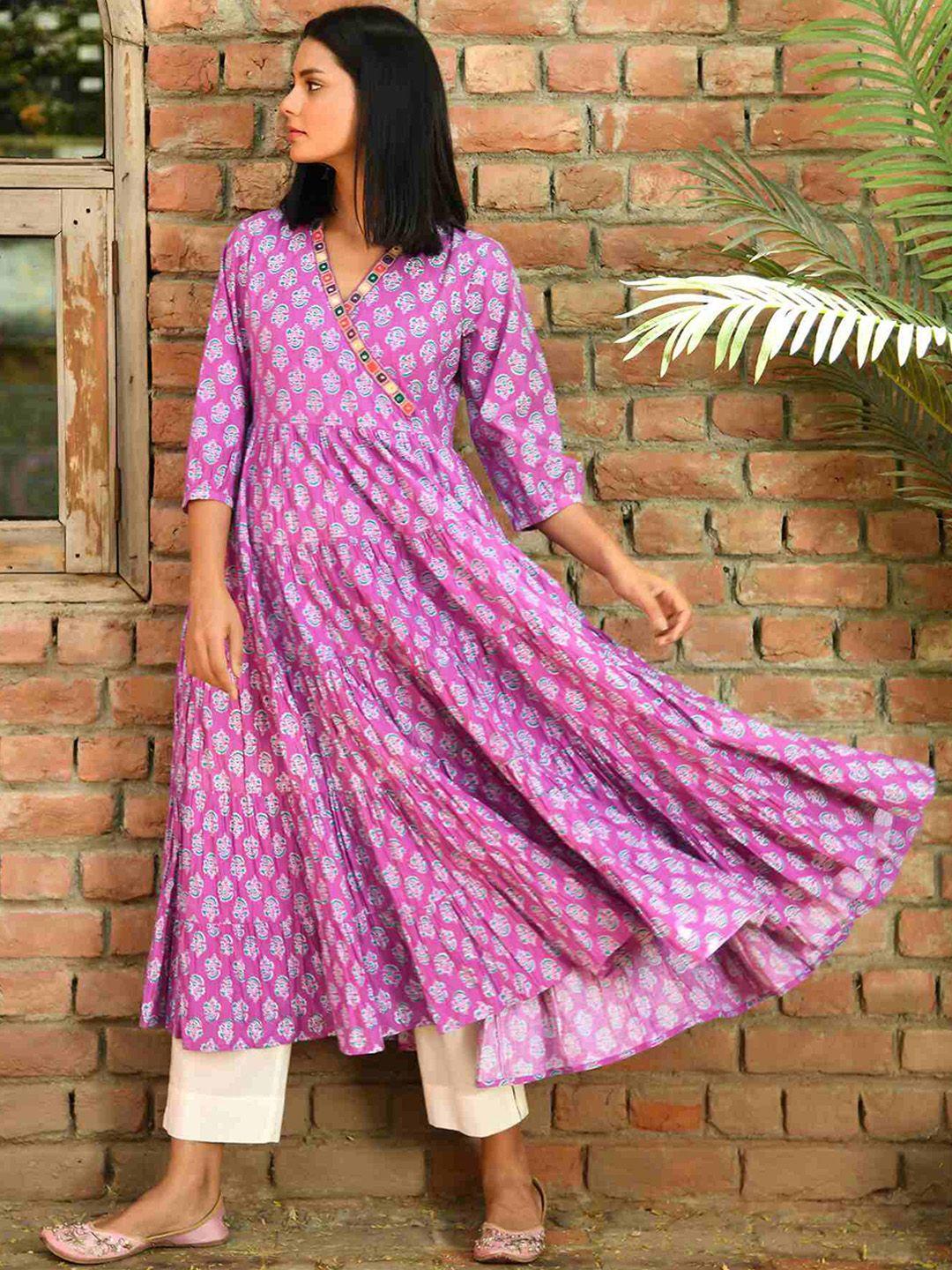 nuhh floral printed puff sleeves pure cotton anarkali kurta & trousers