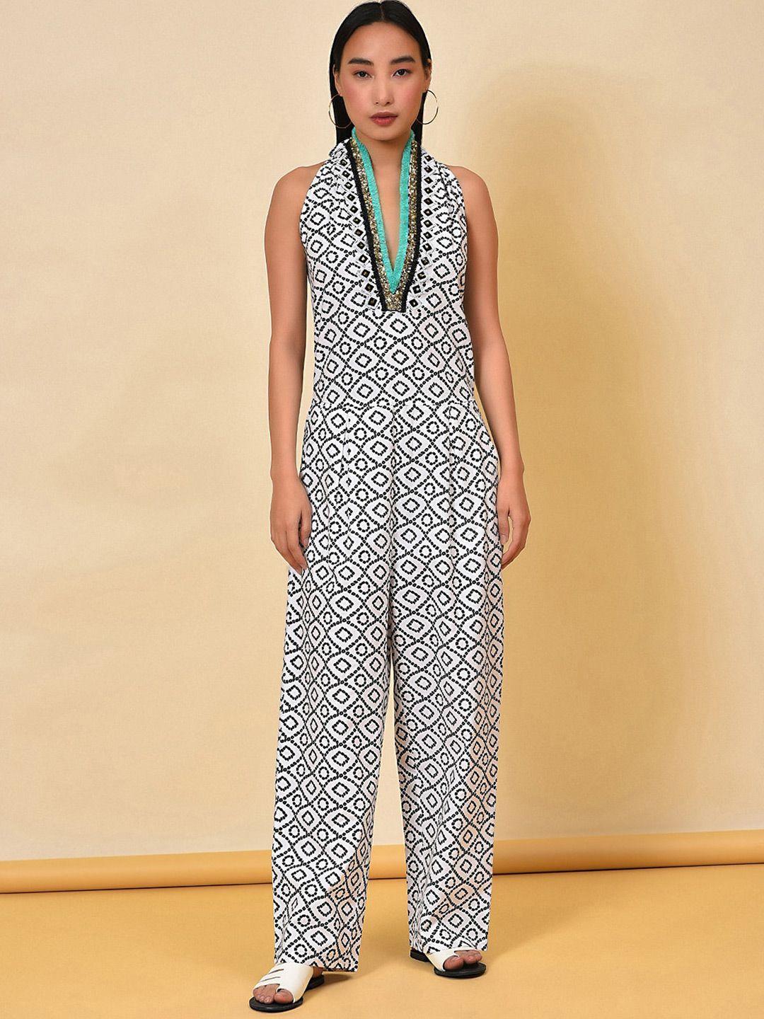 nuhh geometric printed embellished cotton basic jumpsuit