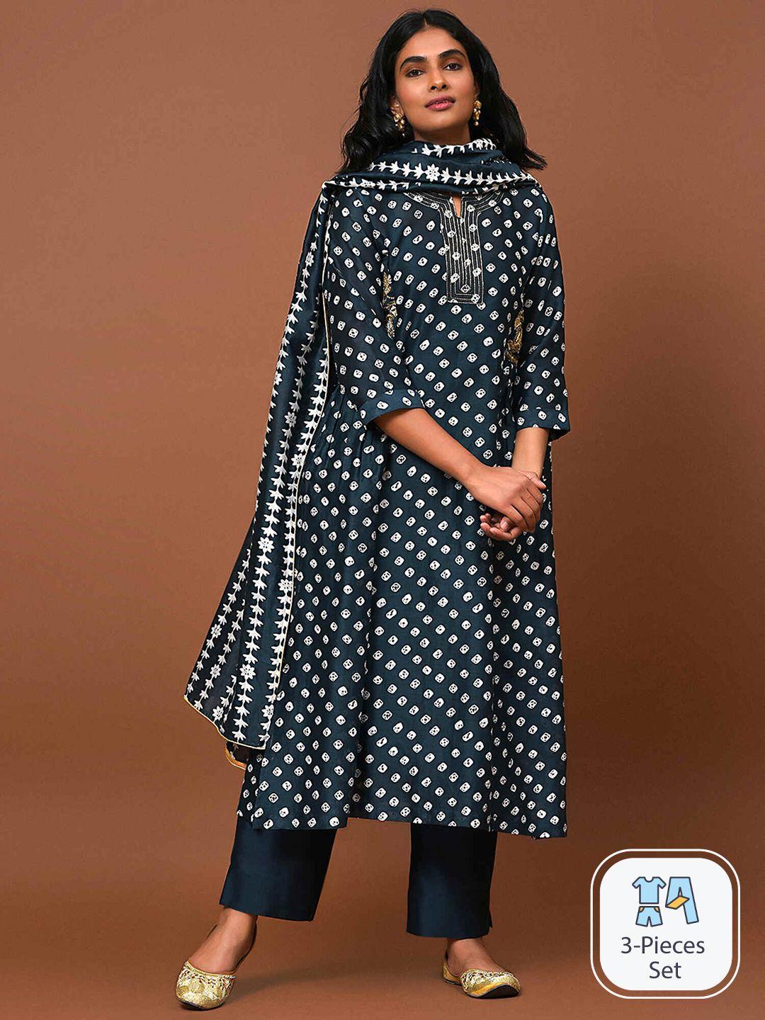 nuhh geometric printed thread work detail a-line kurta & trousers with dupatta