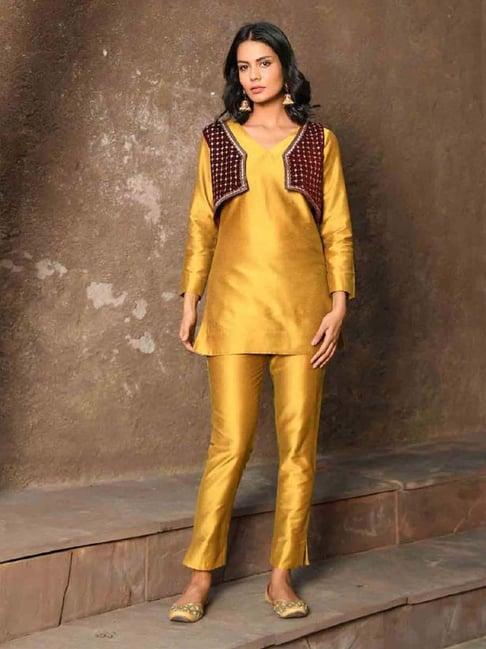 nuhh gold yellow jashn fun formal festive fare kurta & pant set with jacket