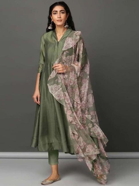 nuhh green capri breeze kurta and pant set with dupatta