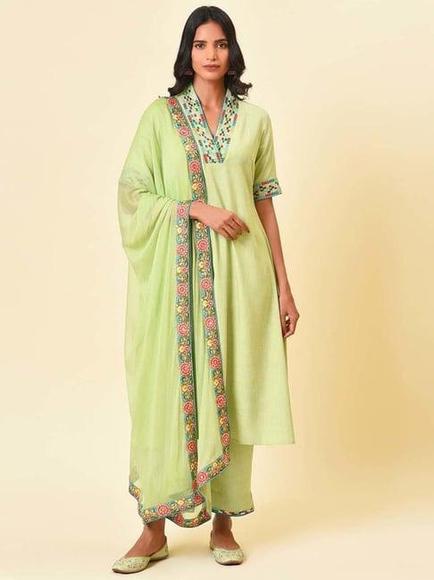 nuhh green embroidered kurta with pant & dupatta set