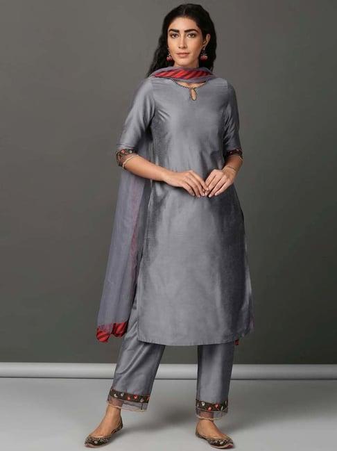 nuhh grey confetti kurta and pant set with dupatta