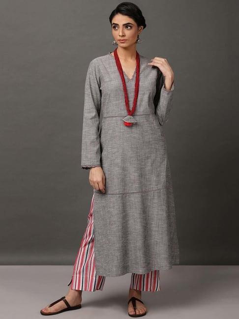 nuhh grey melange cotton kurta with jacquard stripe pants