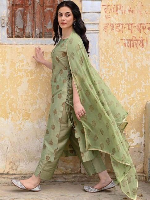 nuhh light green zahra art silk block print kurta with pant and dupatta