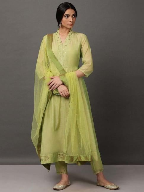 nuhh lime green kalidar chanderi kurta & pant with dupatta