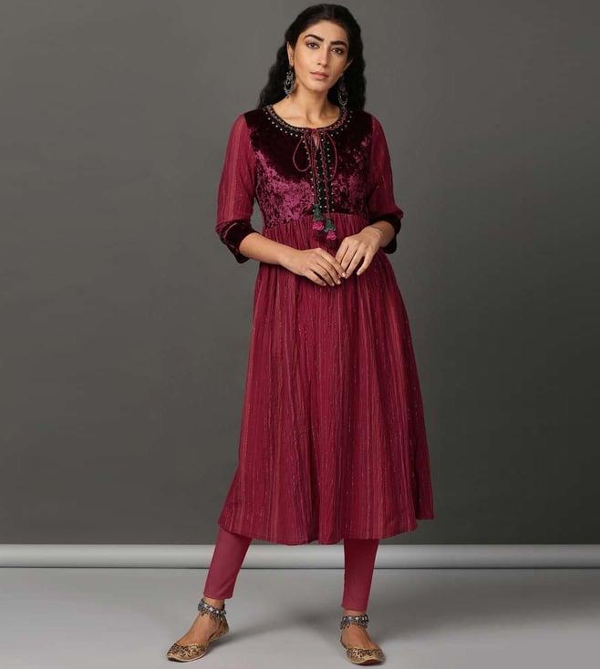 nuhh maroon holiday flared crinkle kurta