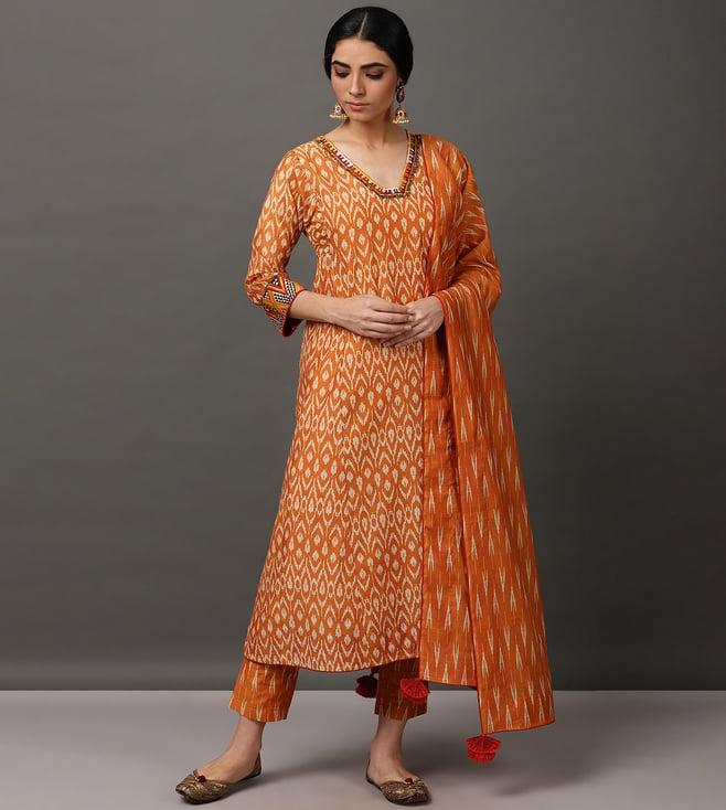 nuhh mustard ikat embroidered kurta with pant & dupatta