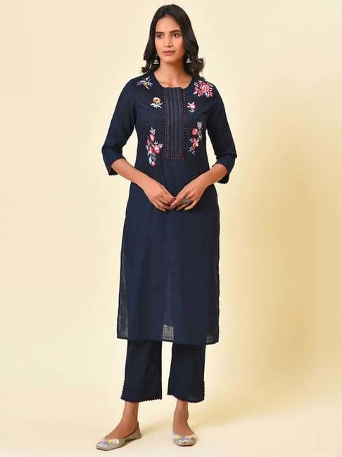 nuhh navy blue embroidered kurta pant set