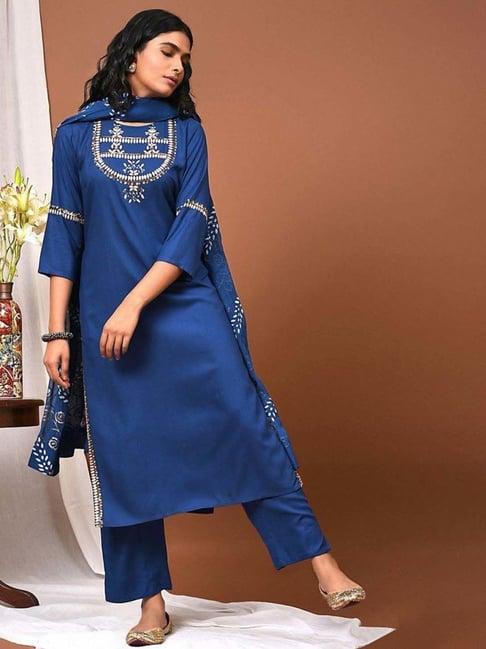 nuhh navy blue flow with the indigo kurta with pant and dupatta