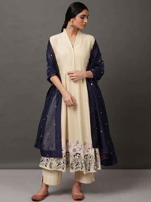 nuhh off white art silk kurta with pant & dupatta