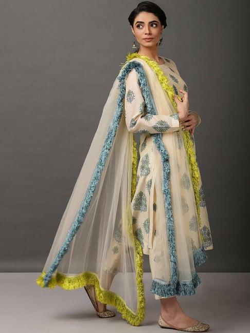 nuhh off white printed chanderi kurta set with dupatta