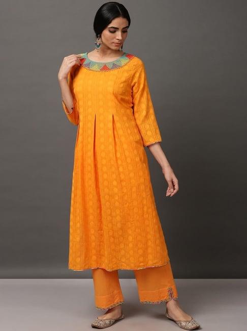 nuhh orange jacquard kurta & pant with hand embroidery