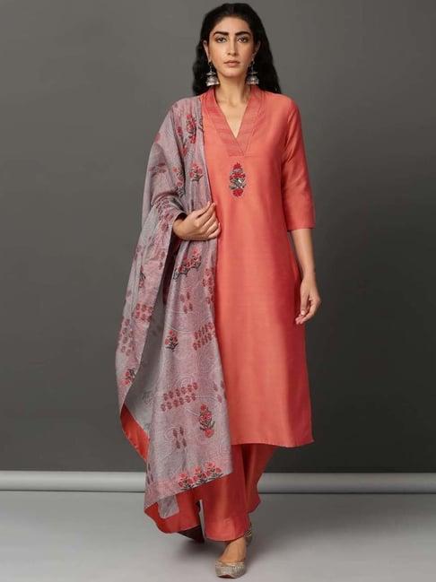 nuhh peach lets toast kurta and pant set with dupatta