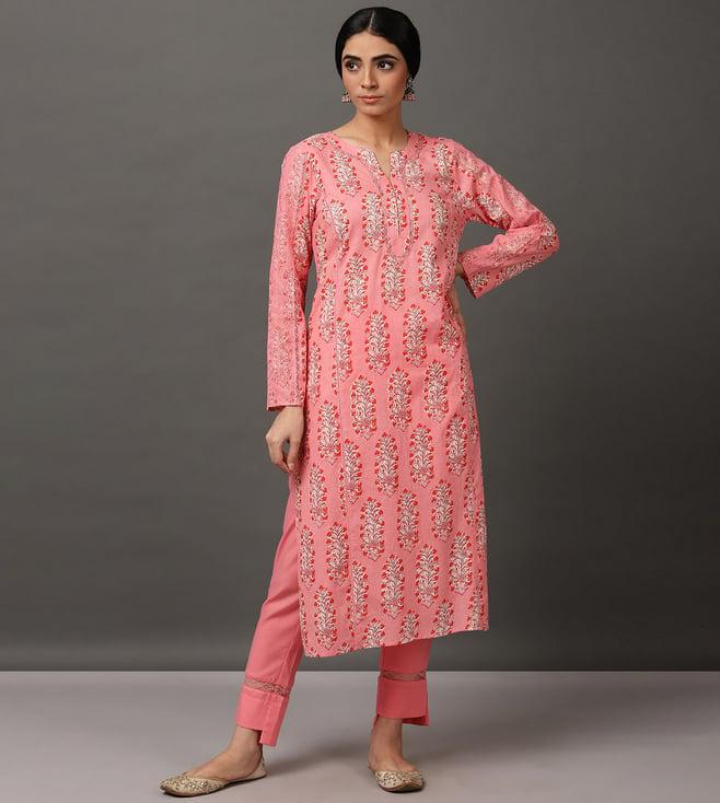 nuhh pink lace insert printed kurta with pant