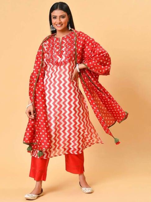 nuhh red & white printed kurta with pant & dupatta