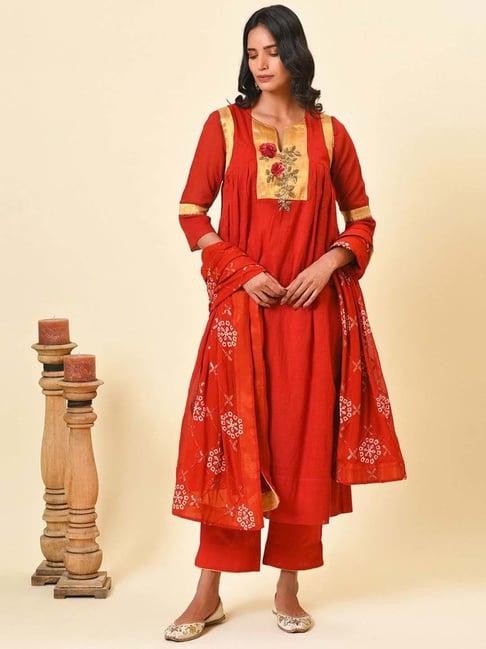 nuhh red embroidered kurta with pant & dupatta