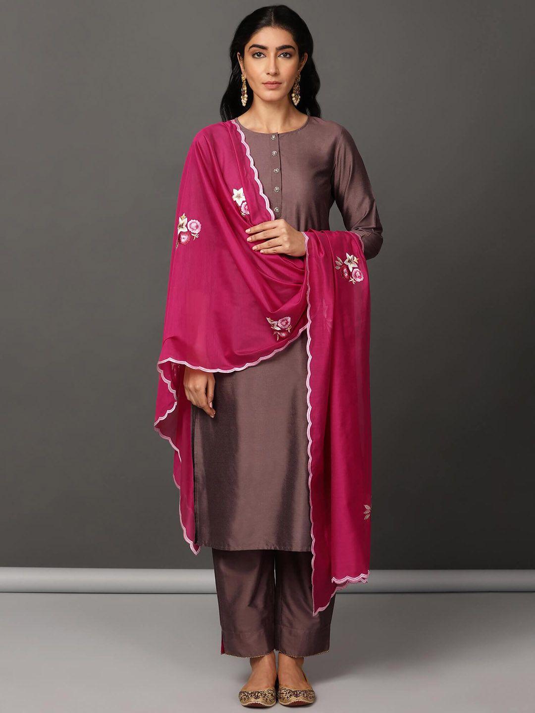 nuhh round neck regular kurta with trousers & dupatta