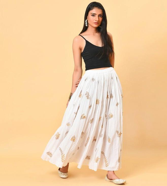 nuhh white printed champagne cotton crinkle skirt