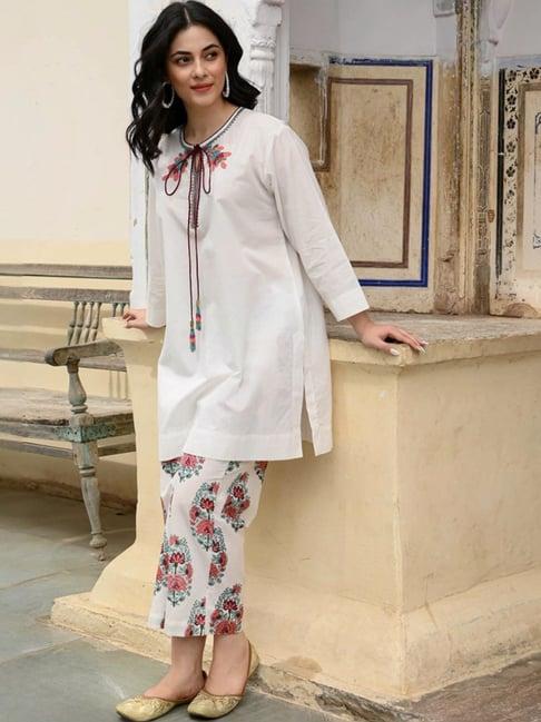 nuhh white zahra high summer short kurta with pant