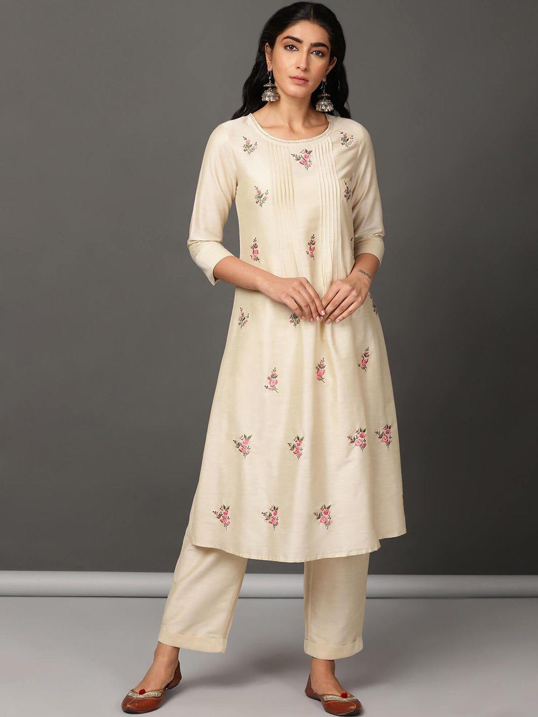 nuhh women beige floral embroidered regular thread work kurta with trousers