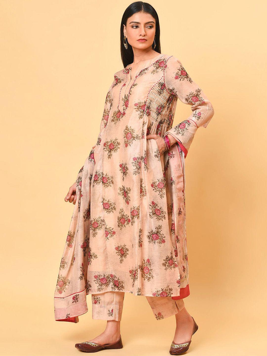 nuhh women beige floral printed regular kurta with trousers & with dupatta