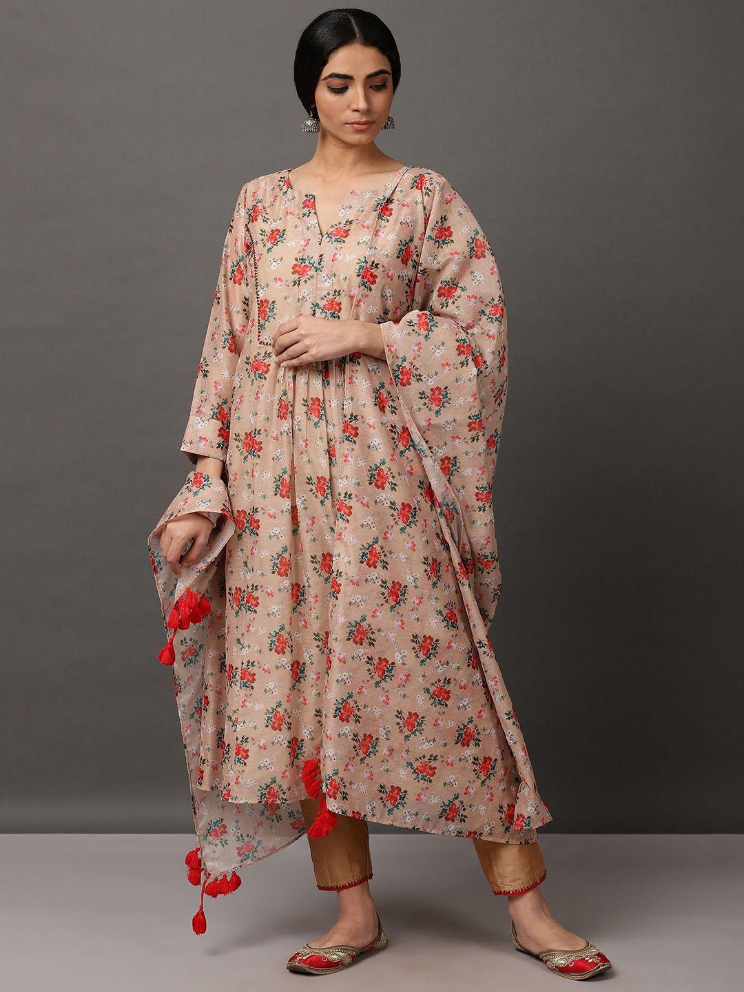 nuhh women beige floral printed regular kurti with trousers & with dupatta