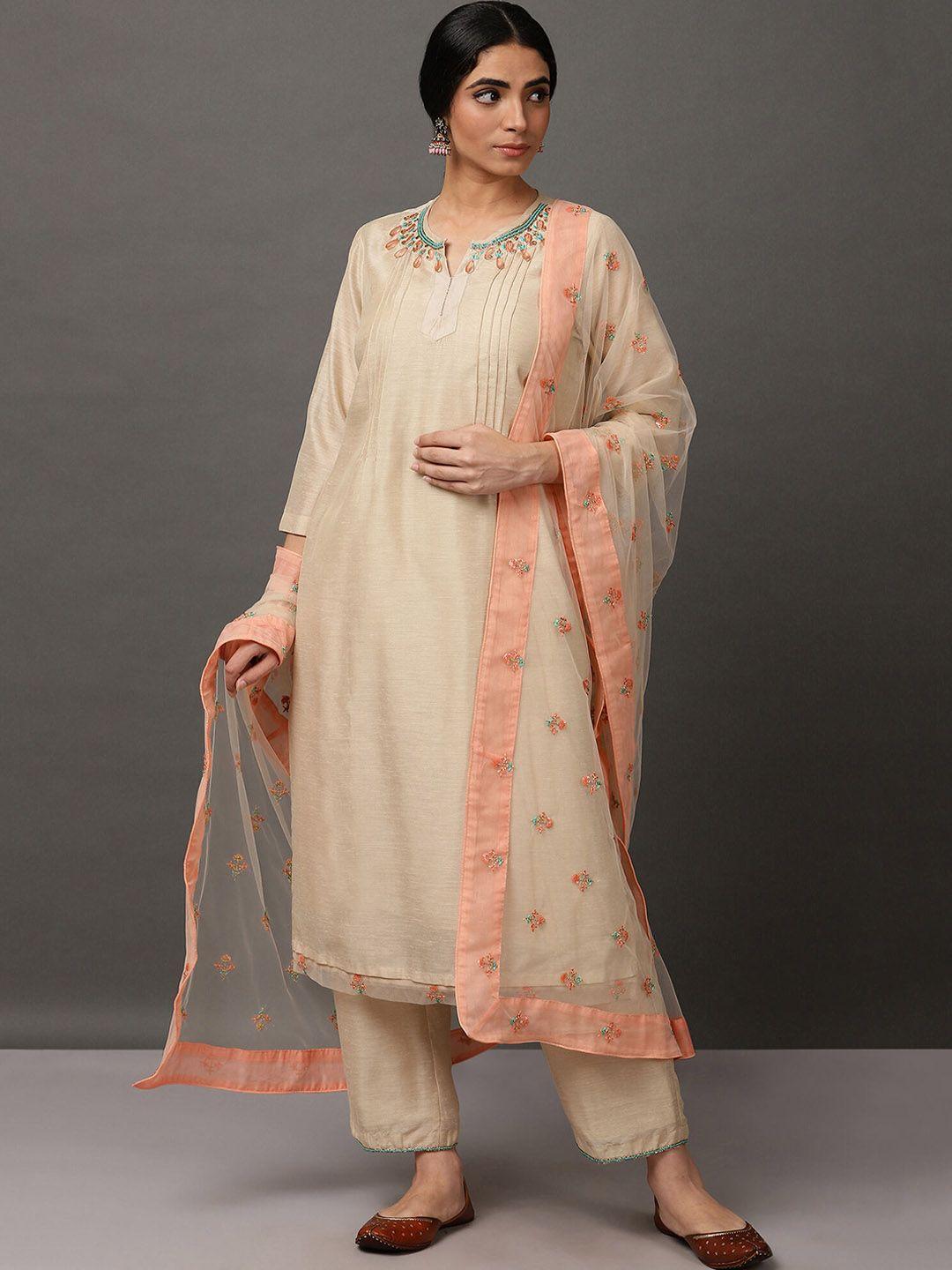 nuhh women beige regular thread work kurti with trousers & with dupatta