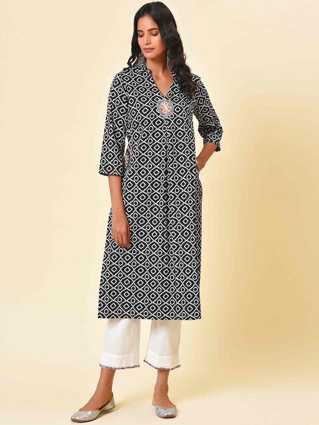 nuhh women black bandhani printed empire thread work kurta with trousers