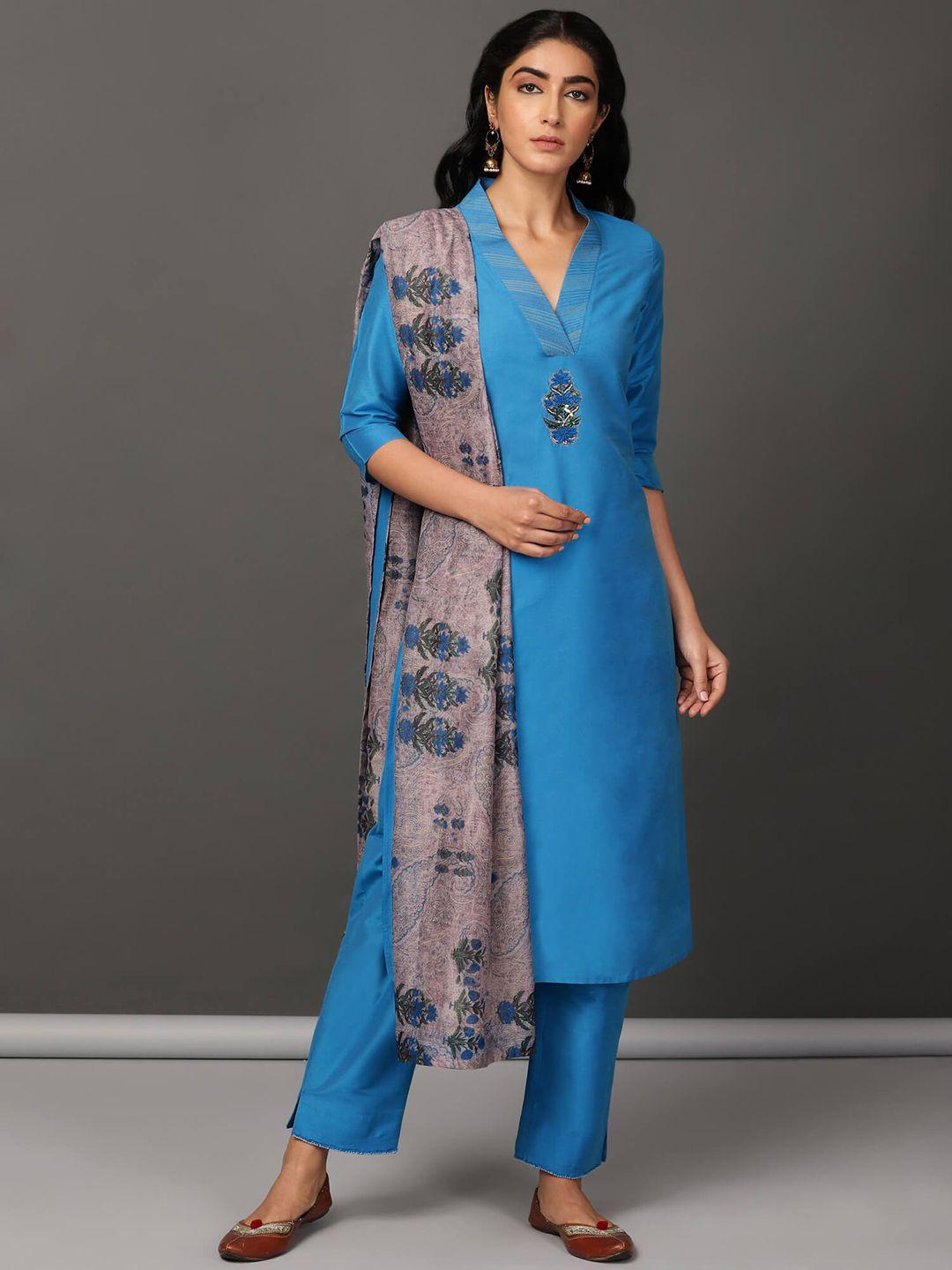 nuhh women blue floral regular thread work kurta with trousers & with dupatta