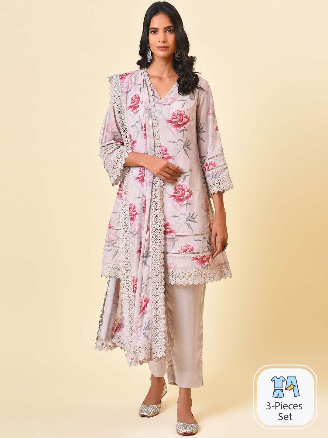 nuhh women floral printed v-neck a-line kurta with trousers & dupatta